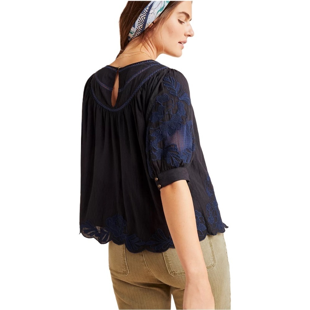 Anthropologie Black Navy Salma Embroidered Lined Peasant Blouse Size 0 - Picture 2 of 12